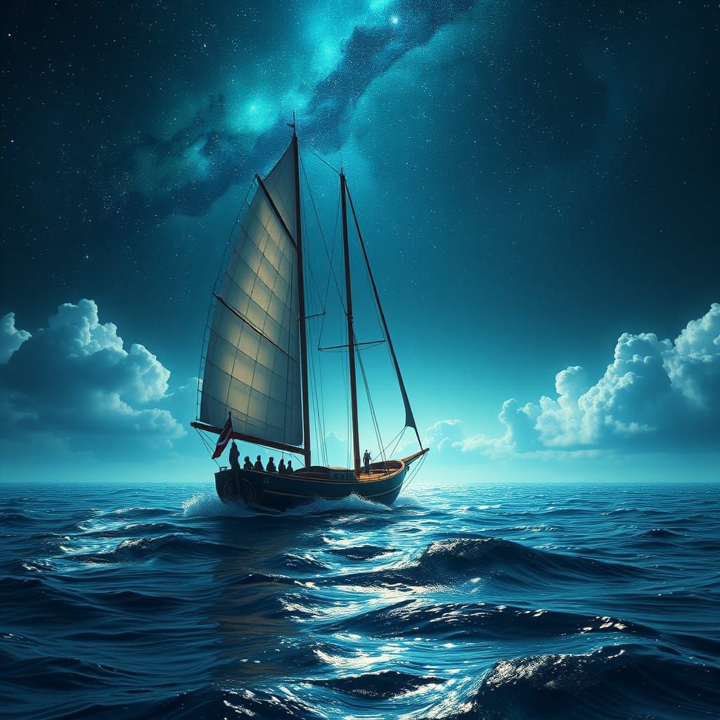 A Sailing Vessel Traverses a Dark, Starry Ocean