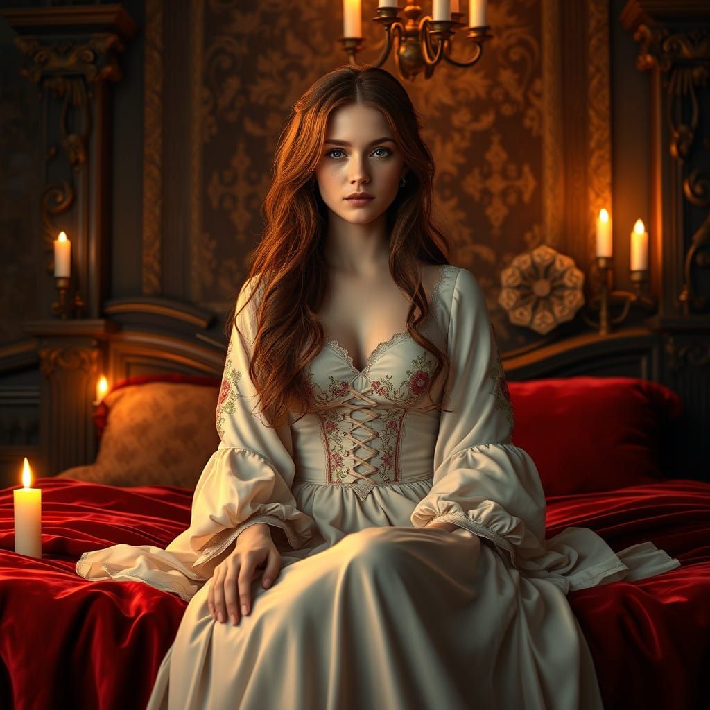 Elegant Woman Seated in Luxurious Medieval-Style Chamber