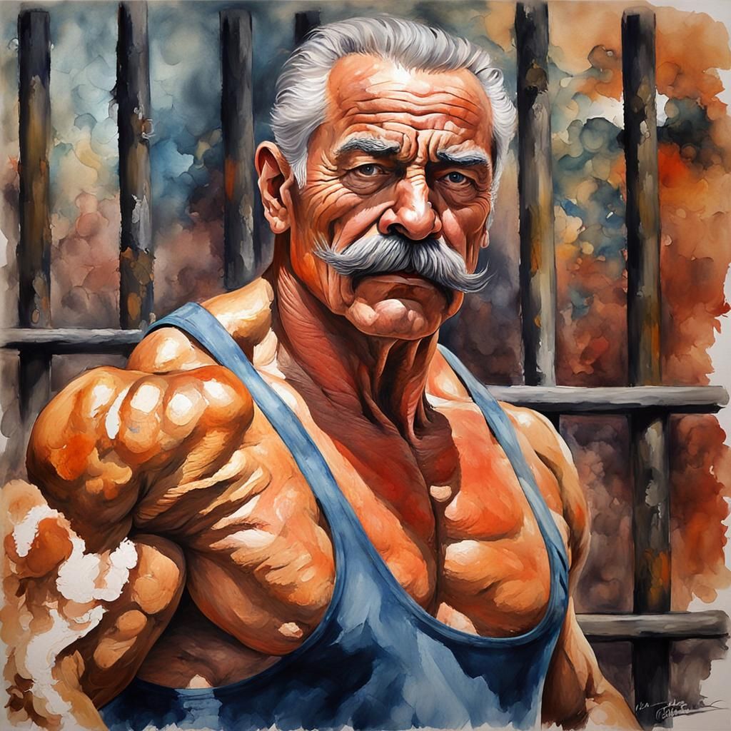 Muscular Bodybuilder in Jail, as Gouache Watercolor