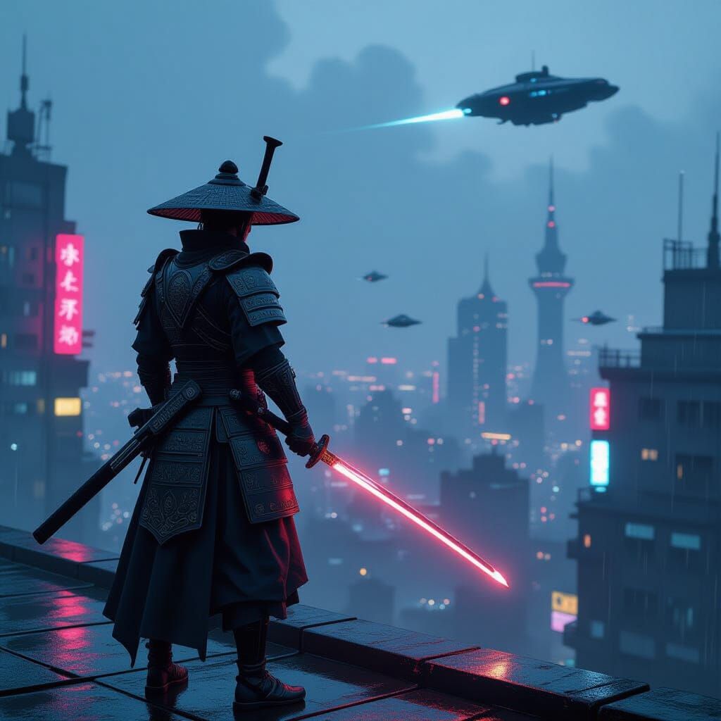 Cyberpunk Samurai Warrior with Glowing Katana