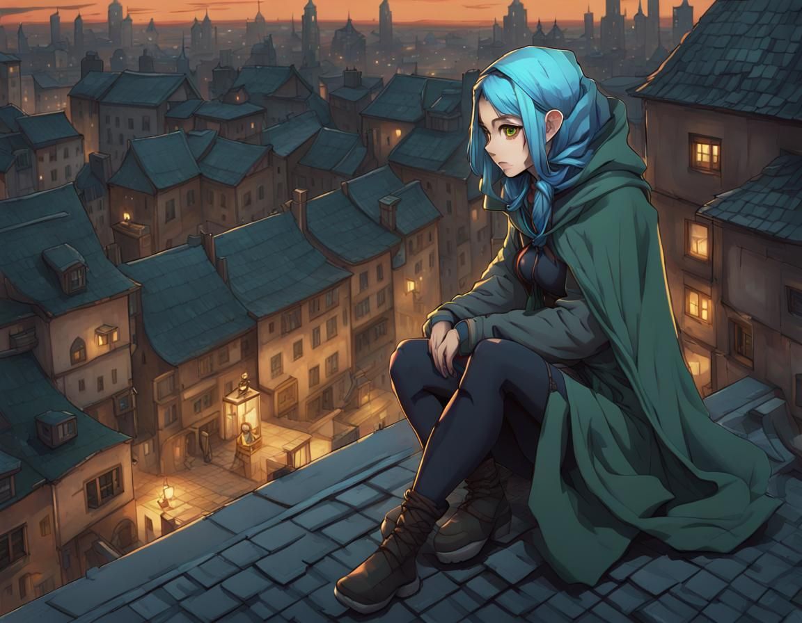 Anime-Style Female Spy Watching Medieval City