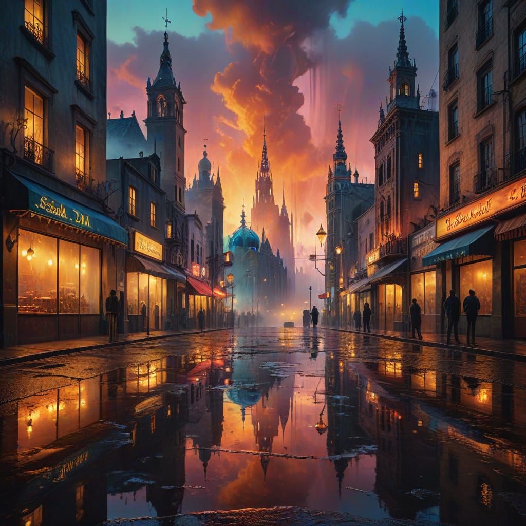 Surreal Cityscape at Dusk in Vibrant Oil Painting Style
