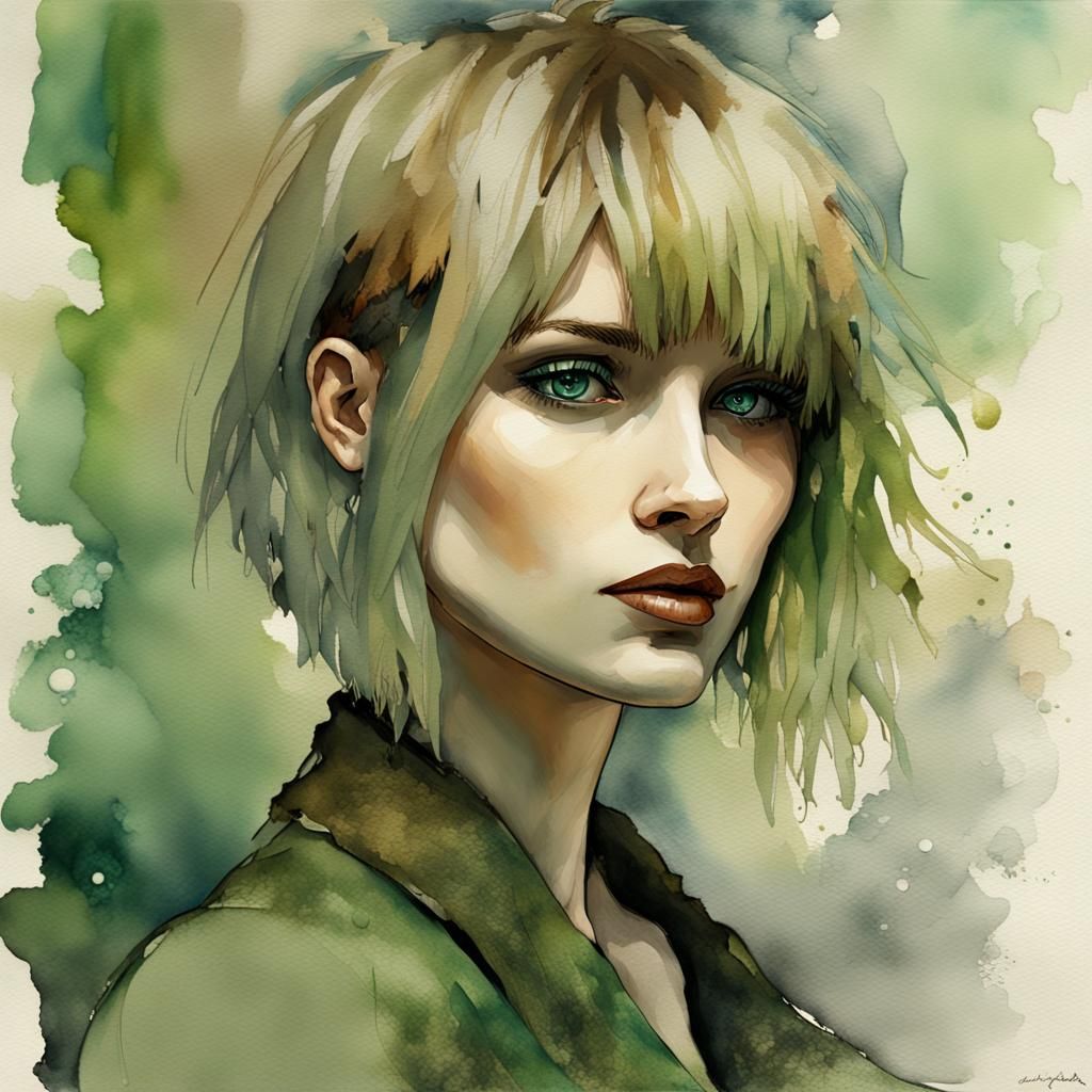 Grunge Girl Portrait in Watercolor Style