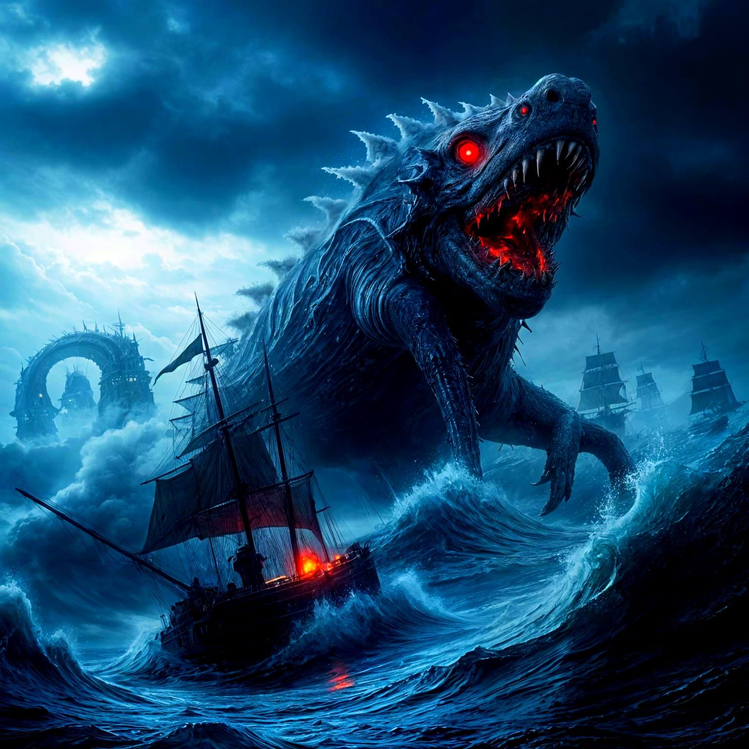Colossal Sea Monster Attacks Ships in Stormy Seas