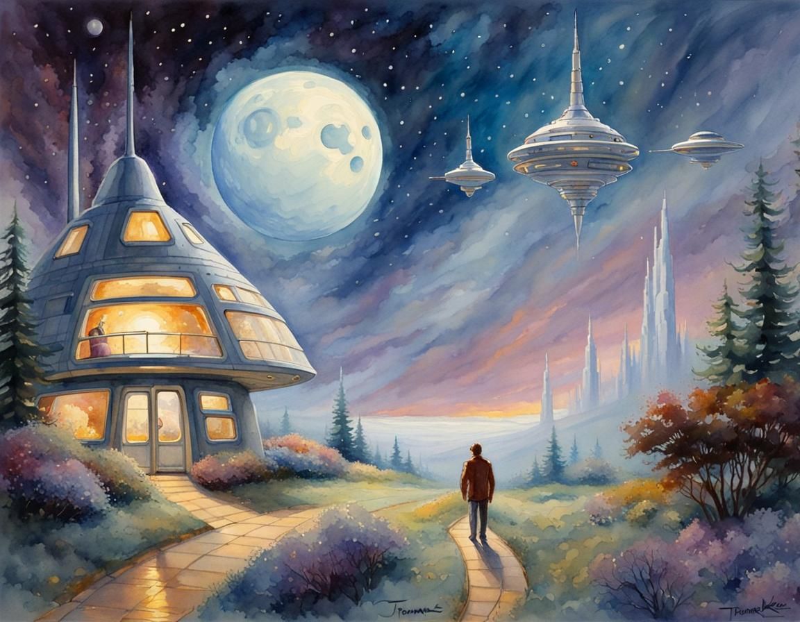 Human and Alien Meeting in Post-Impressionist Moonscape