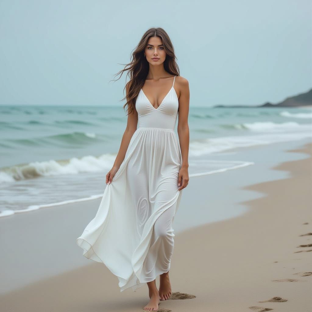 Woman on Windswept Beach in Art Nouveau Style