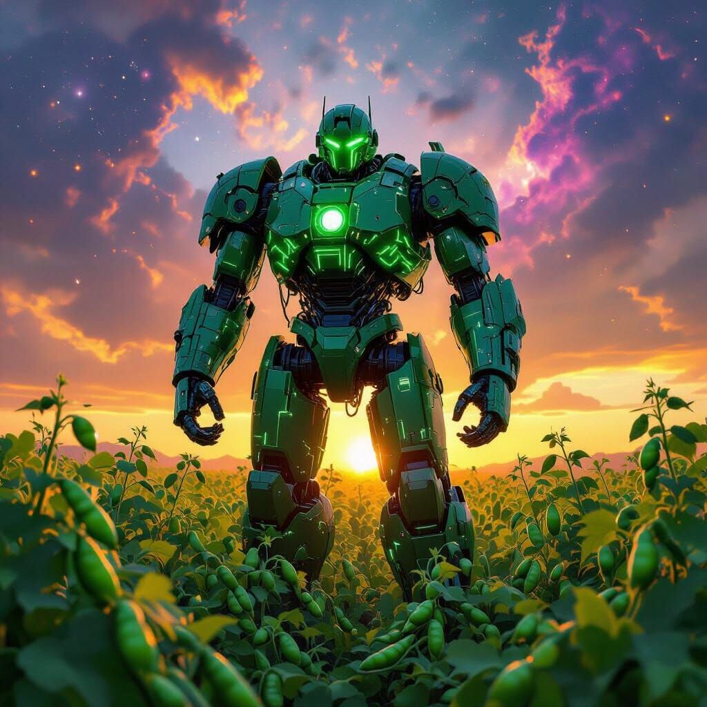 Colossal Robot Sentinel in Pea Field, Digital Art