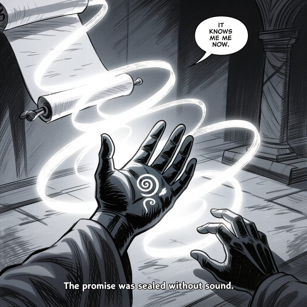 Prophet's Hand Glowing Scroll Comic Page in Charcoal