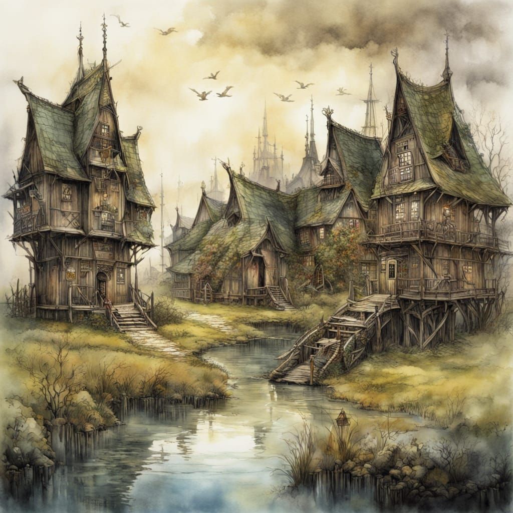 Victorian Celtic Marsh Village in Surreal Watercolor Style