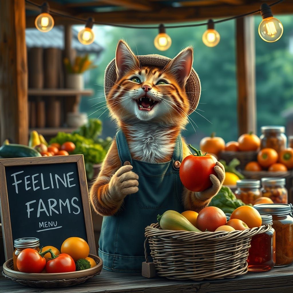 Farmer Cat Portrait with Vegetables and Fruits