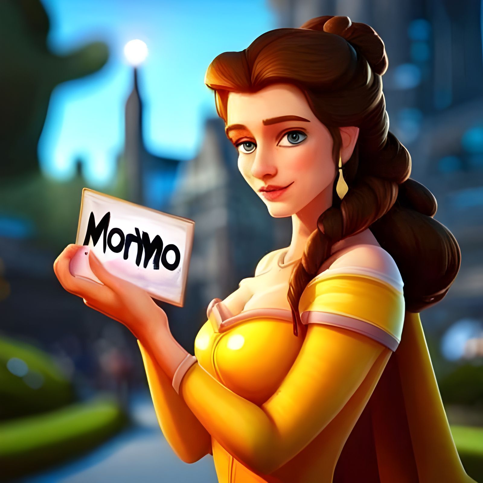 Belle Holding a Sign with the Word MORMO