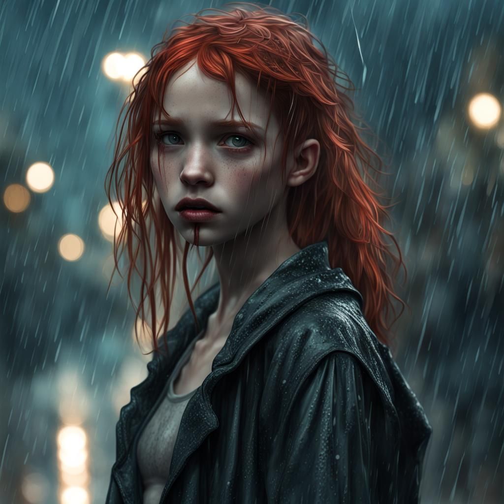 Dystopian Redhead Girl in the Rain, Digital Art