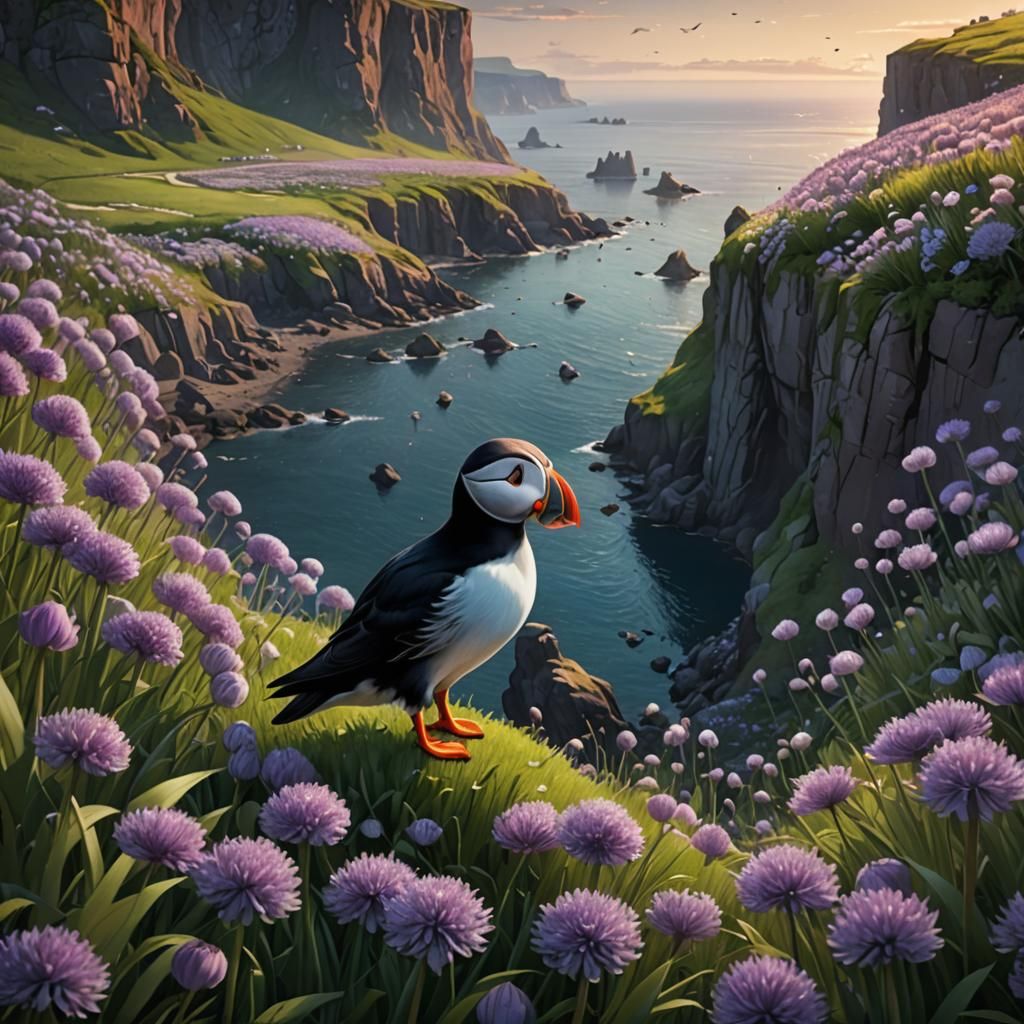 Puffin in Allium Field at Dusk: Matte Painting