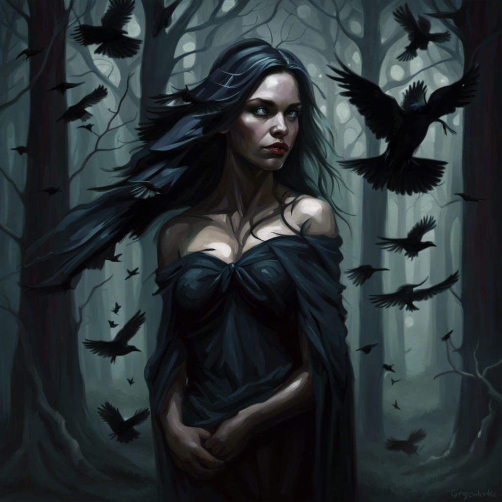 Sinister Woman in Dark Woods with Crows