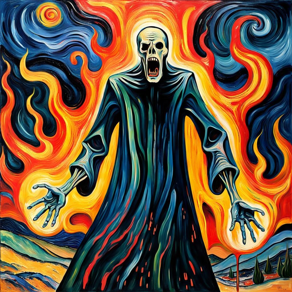 Tormented Fire Wraith in Hell: Expressionist Drip Painting