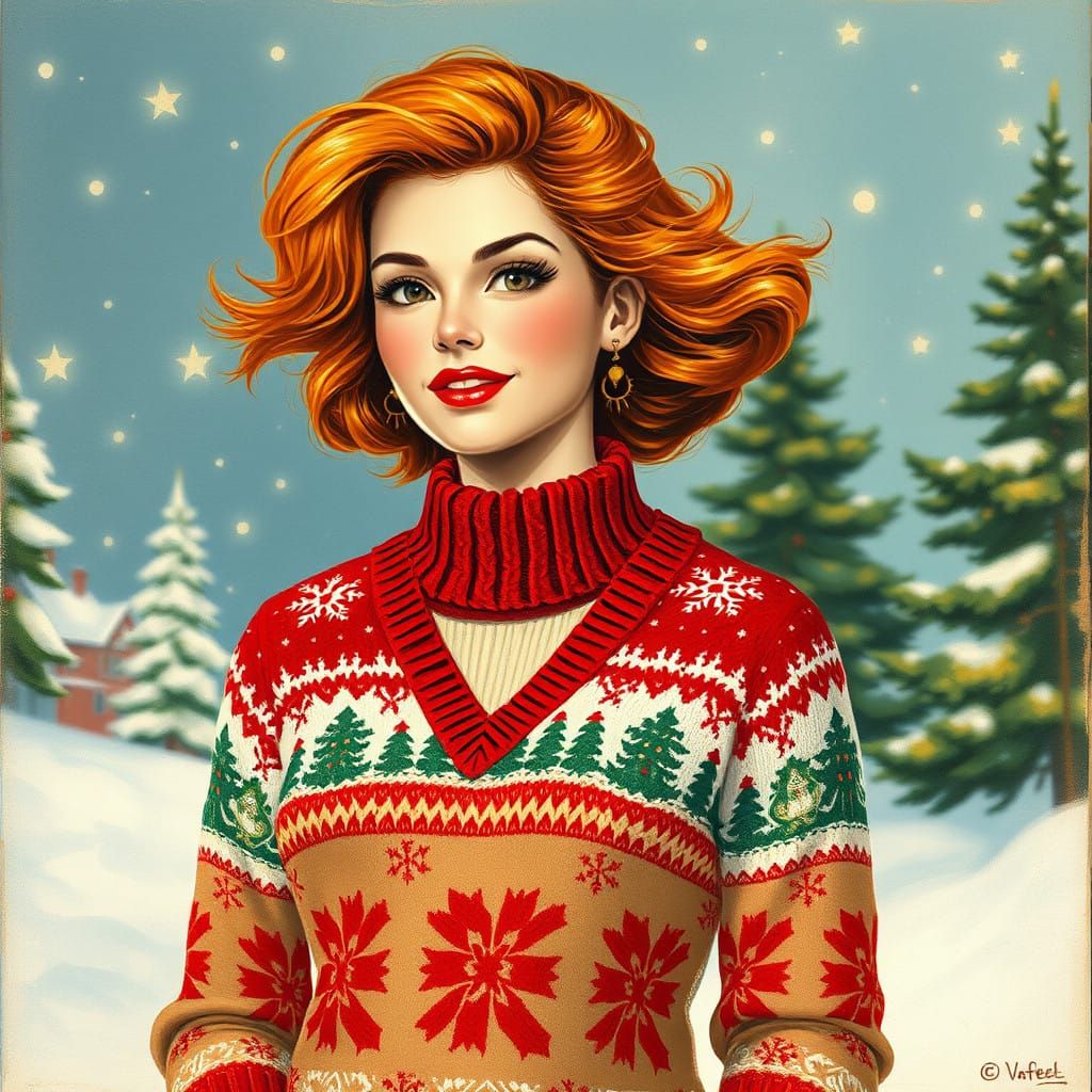 Femme à Cheveux Roux Portant un Pull de Noël Rétro