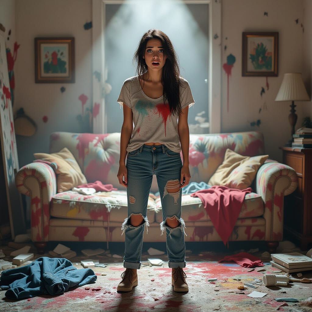 Woman's Horror in Chaotic Room: Digital Art