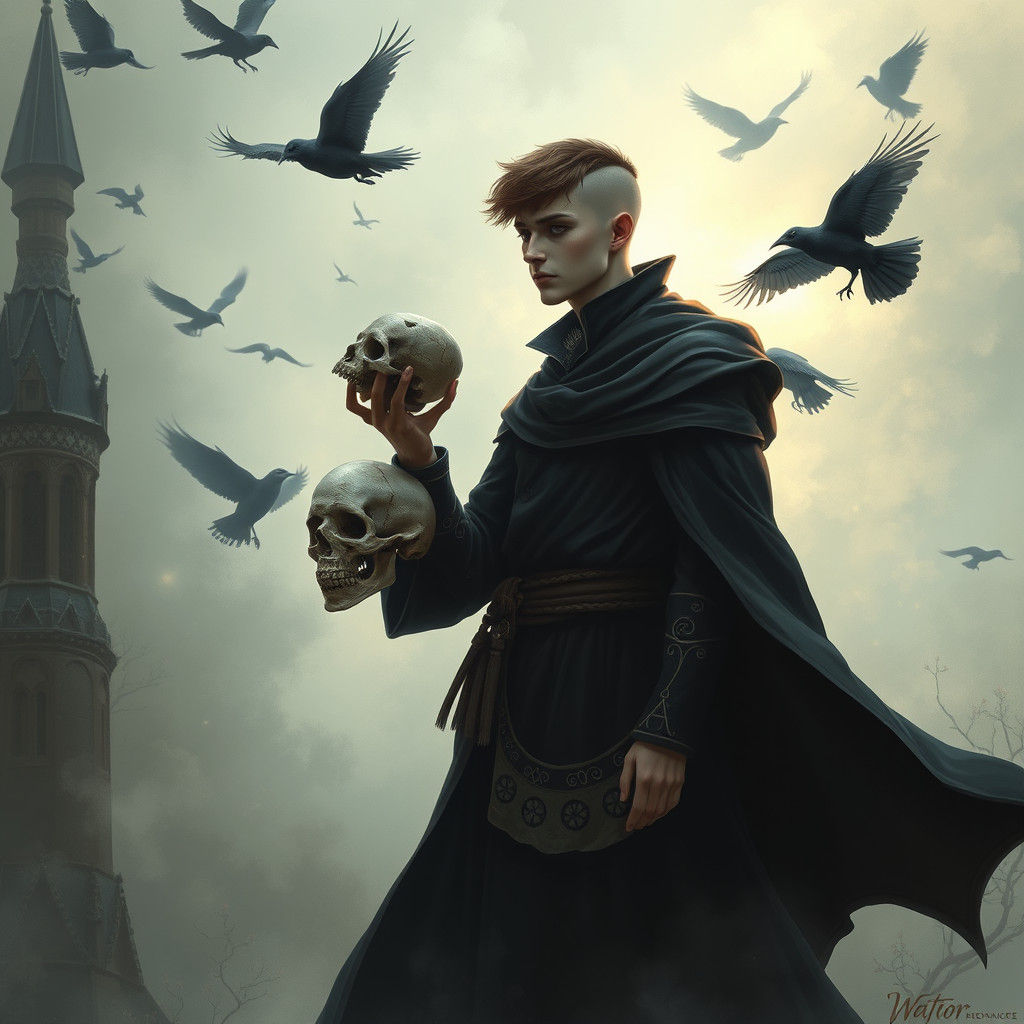 Necromancer with Skull in Ethereal Landscape