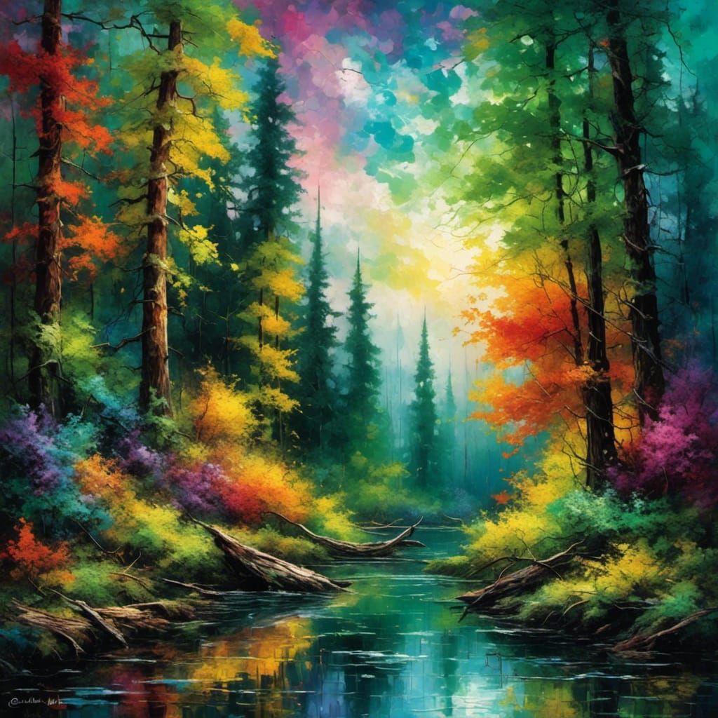Lush Forest in Sunlight: Impressionist Oil Painting