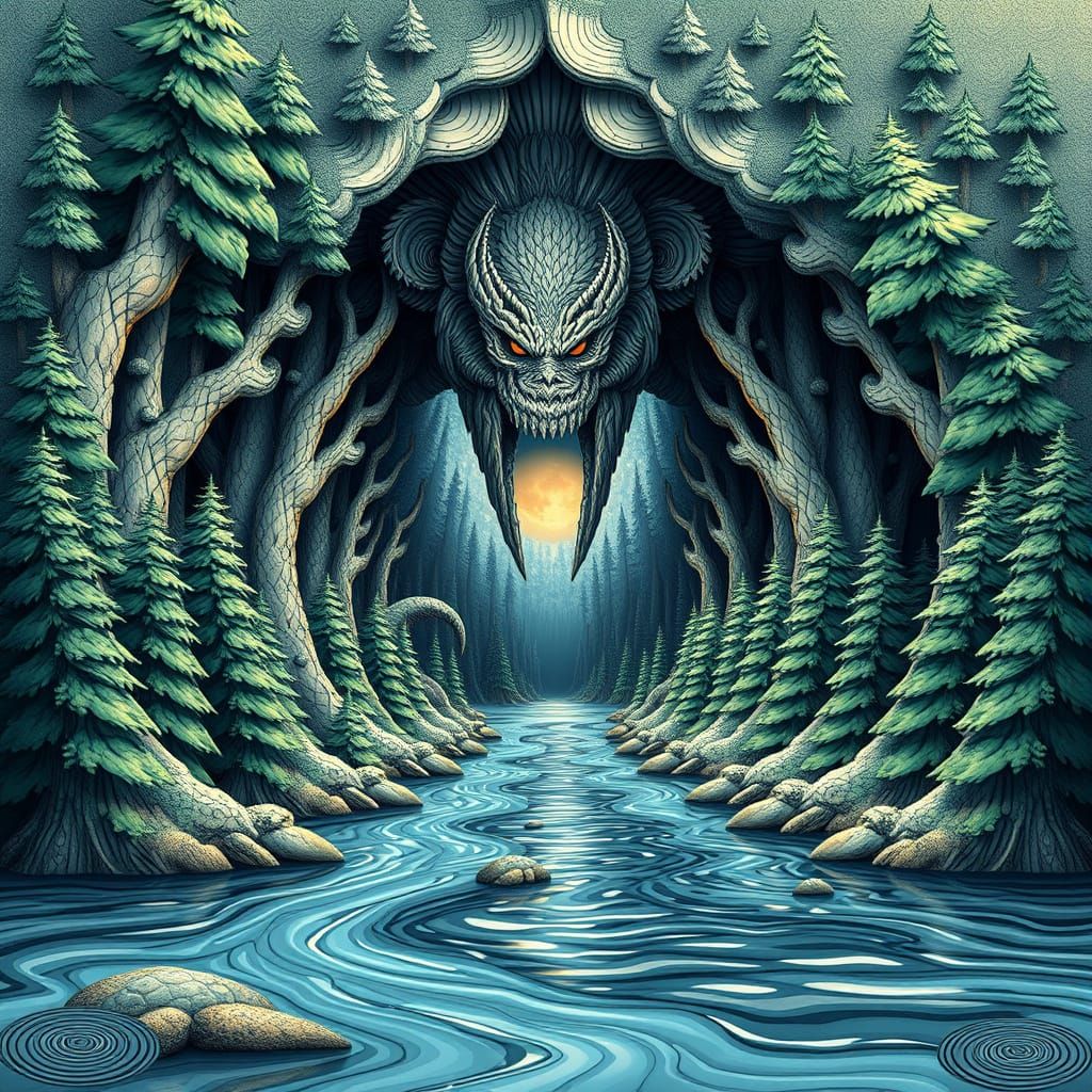 Monster Portal Forest Lake in Abstract Fractal Style