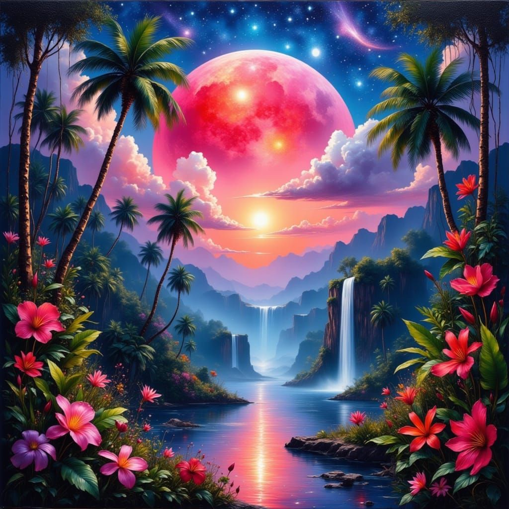 Tropical Forest Under Blood Moon in Impasto Oil Style