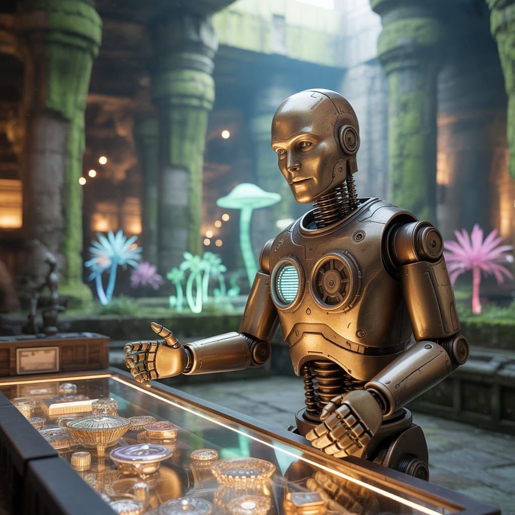 Futuristic Bazaar with Automaton Merchant in Temple Ruins