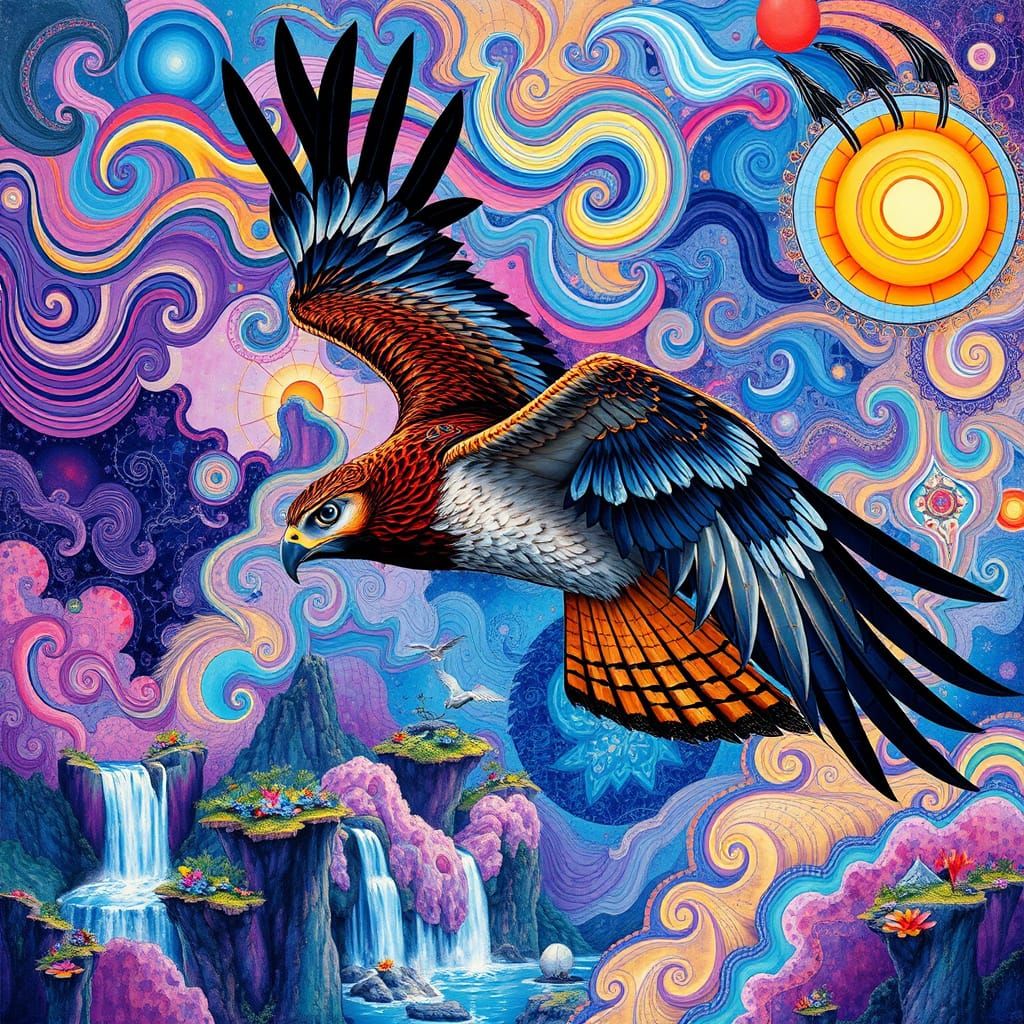 Hawk Soaring in Dreamlike Surrealist Sky