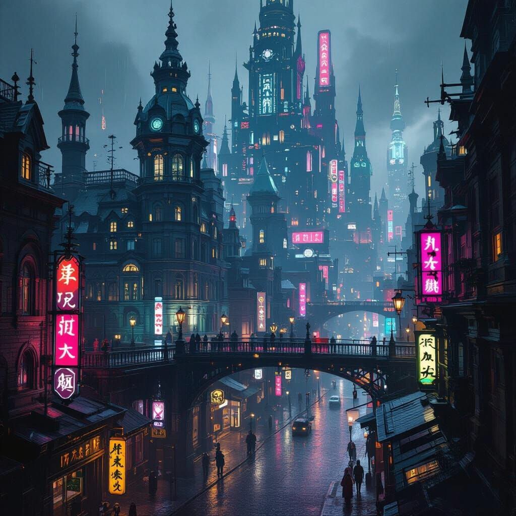Gothic Cityscape: Victorian Meets Futuristic with Neon Glow