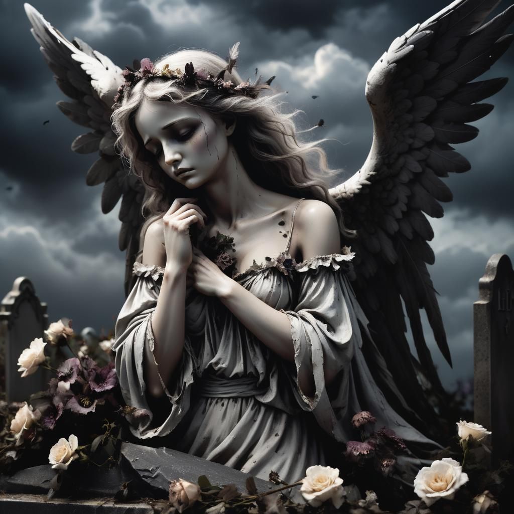 Mourning Angel Weeping Over Grave in Dark Fantasy