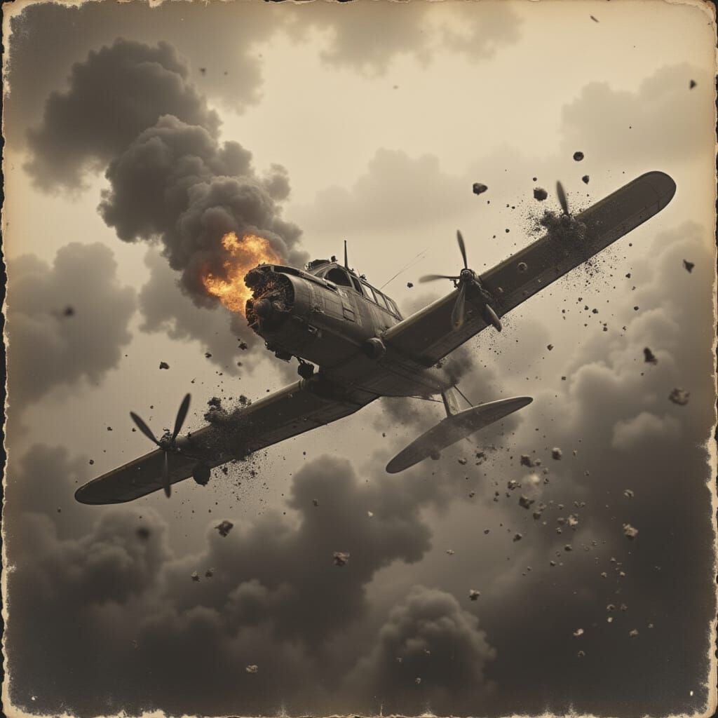 WWII Plane Under Fire in Antique Photo Style