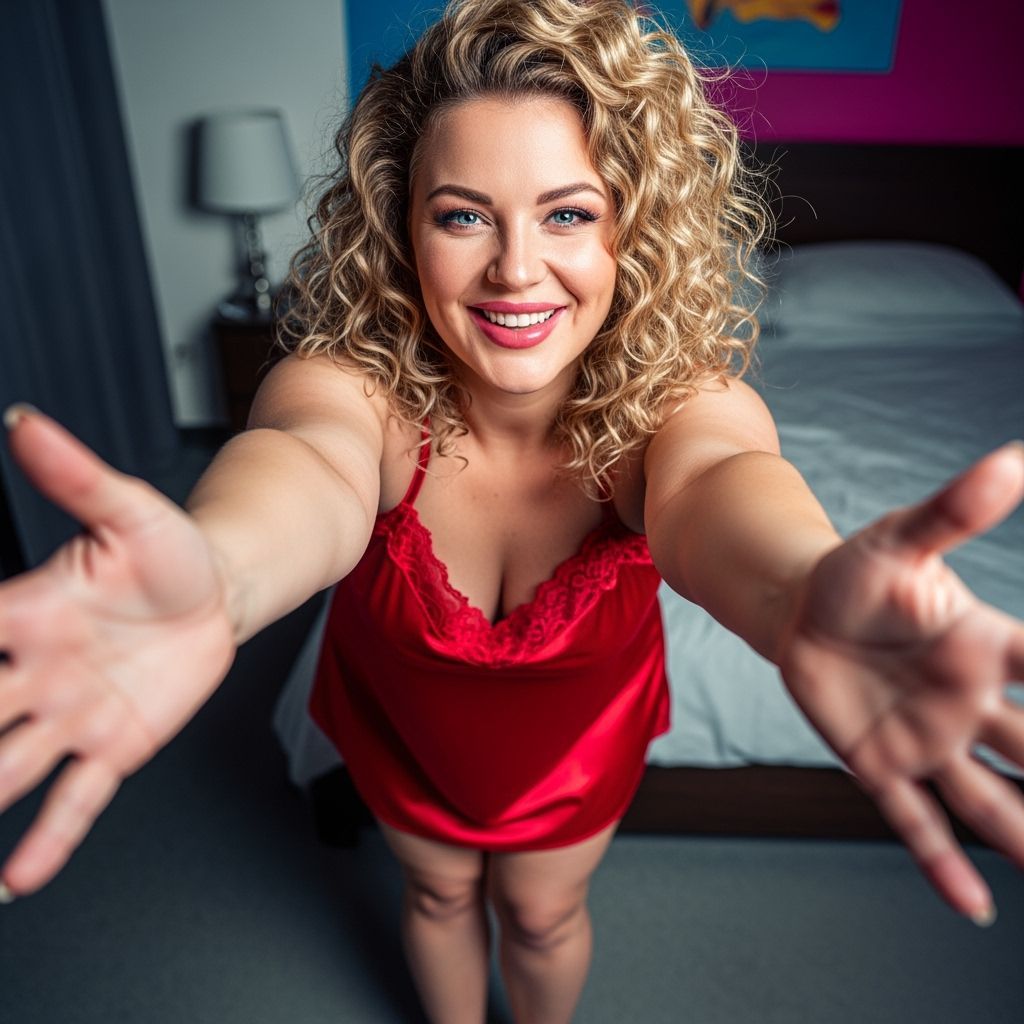 Woman in Red Nightgown with a Bright Smile