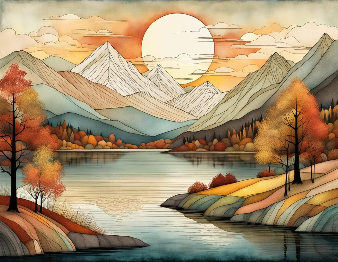 Autumn Lake Landscape in Pen and Ink Style