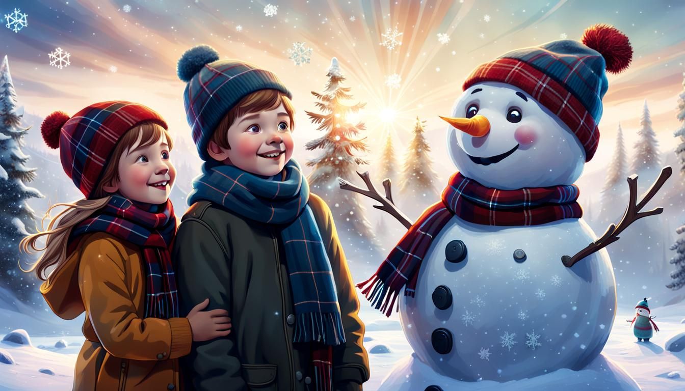 Joyful Siblings Beside Snowman in Winter Wonderland