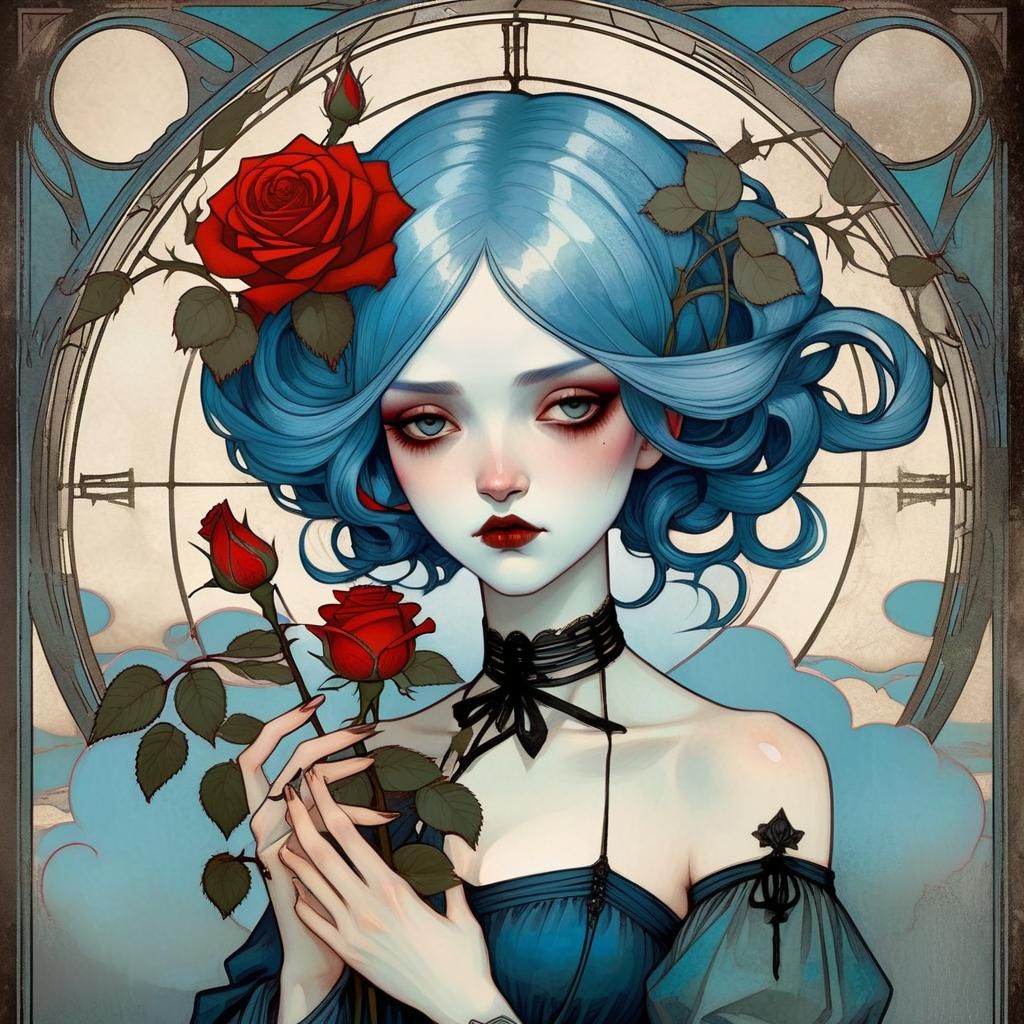 Gothic Woman with Roses in Twilight Cloudcore Style