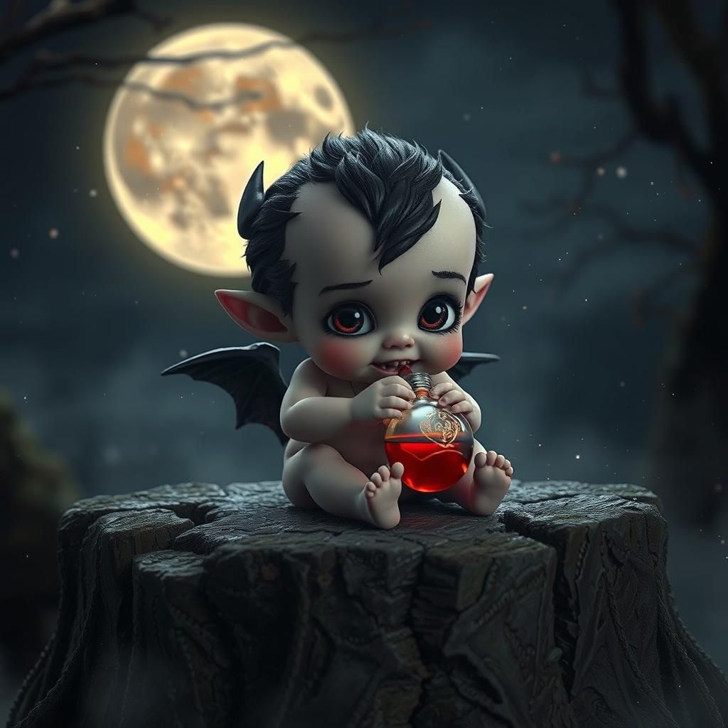 Cute Vampire Baby in Gothic Moonlight, Digital Art