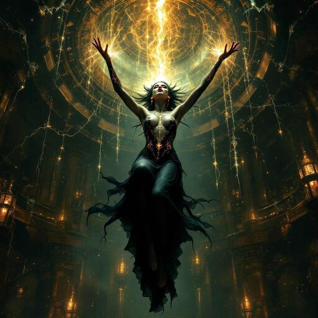 Dark Elf Sorceress in Arachnid-Inspired Laboratory