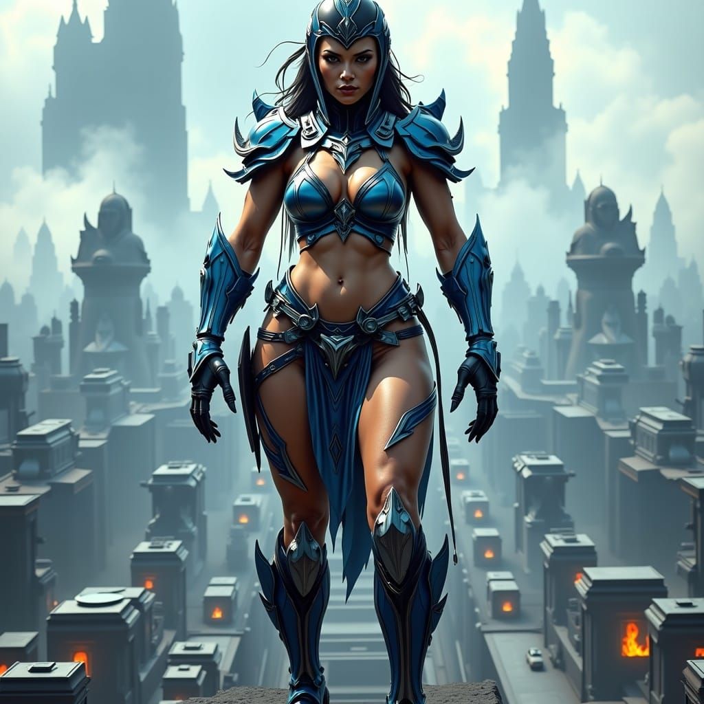 Gigantic Woman Over City in Futuristic Pin-Up Style
