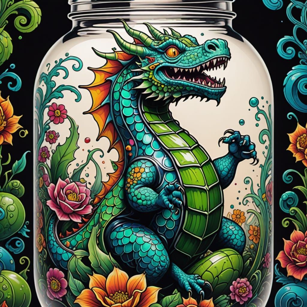 Vibrant New School Tattoo Art of a 3D Pickle Dragon