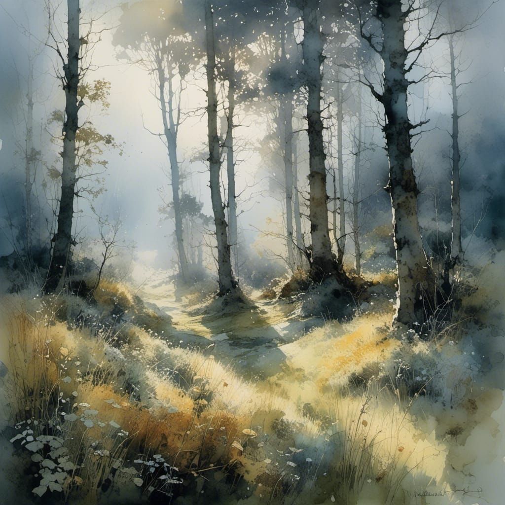 Morning Sun Filters Through Dewy Forest Clearing in Detailed...