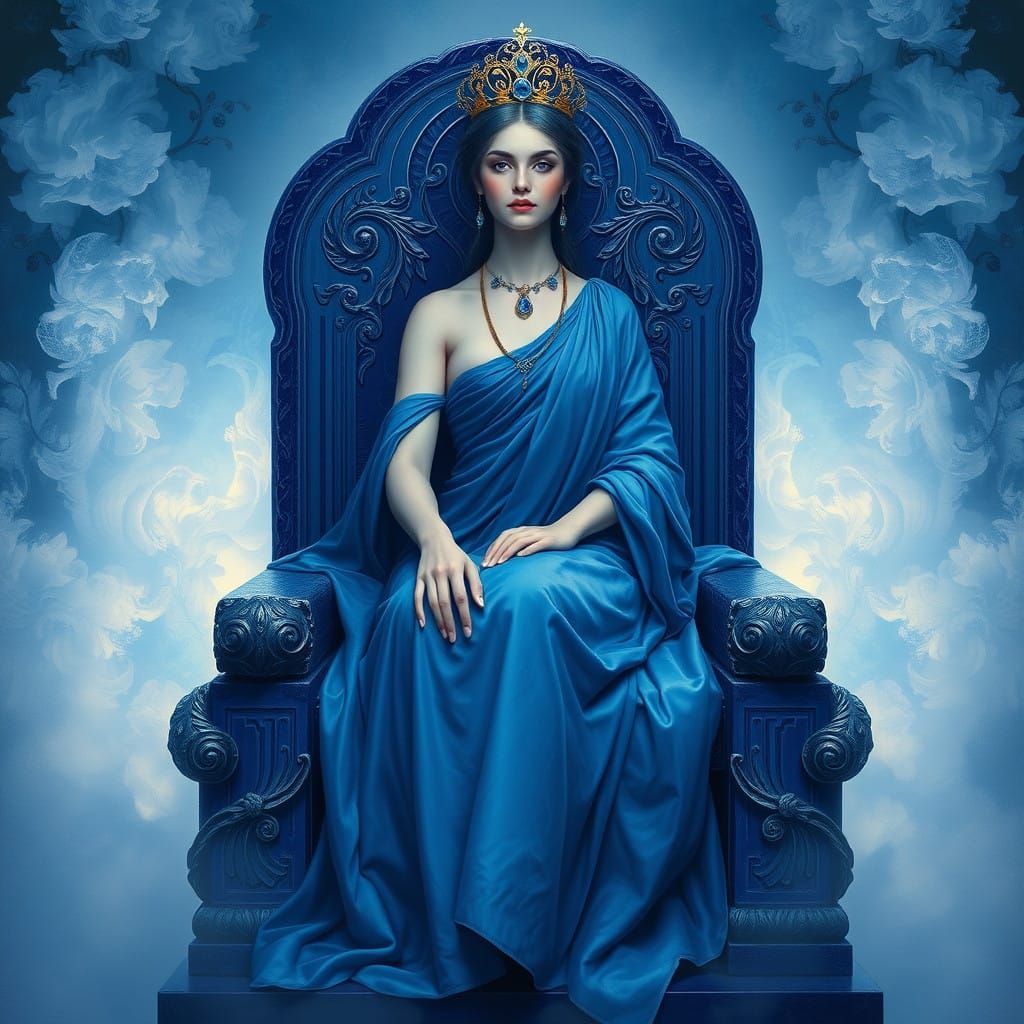 Ethereal Cerulean Queen Seated on Lapis Throne