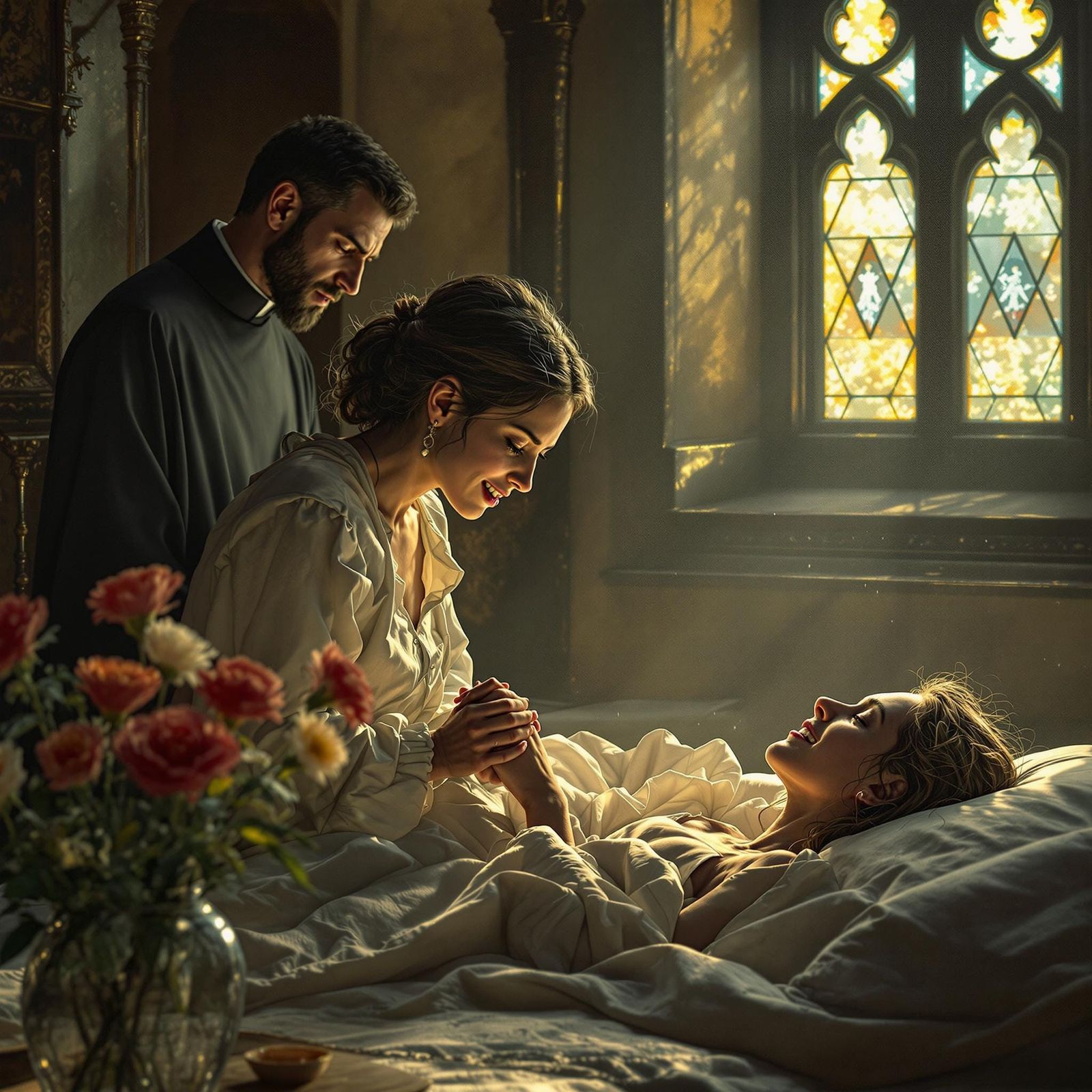 Mother's Desperate Vigil in Soft Golden Light