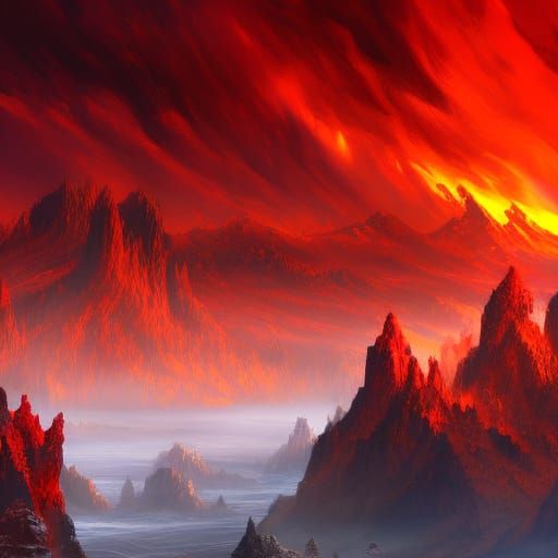 Fiery Red Landscape with Blue Mountains