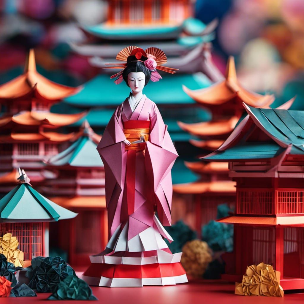Origami Geisha and Temple with Paper Folds
