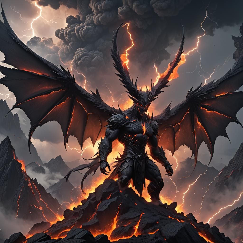 Winged Demon Spreads Wings on Volcano in Anime Style