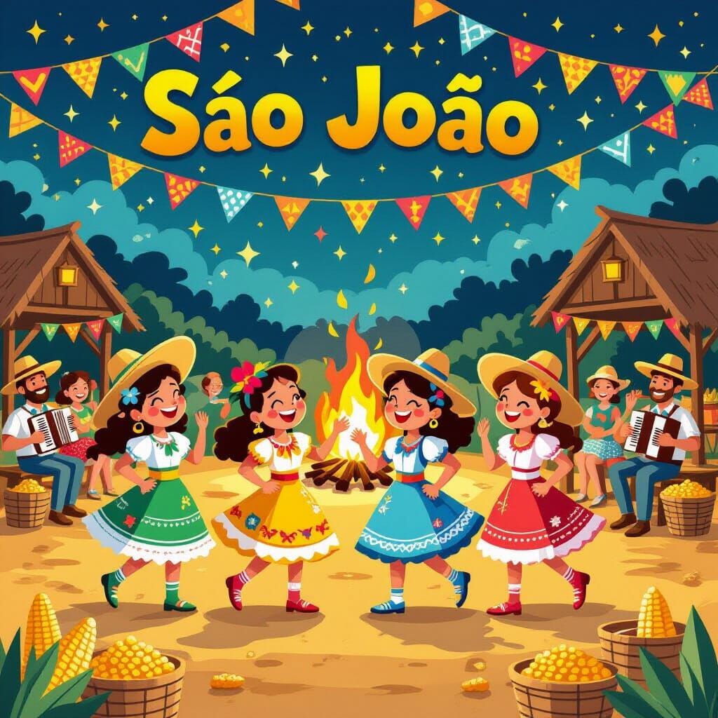 Joyful São João Festival in Cartoon Style
