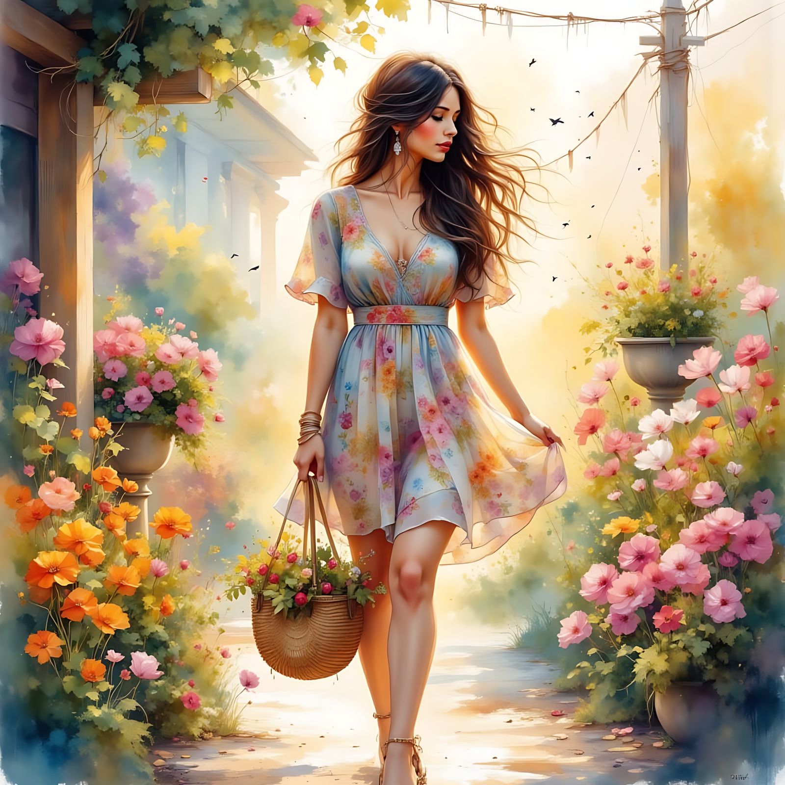 Woman Shopping at Outdoor Florist in Watercolor Style
