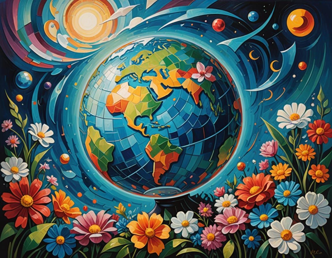 Underwater Earth Globe Adorned with Flowers and Peace Symbol...