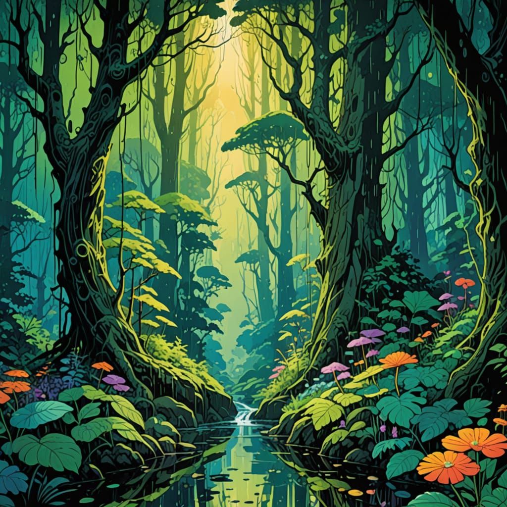 Fairytale Forest in Summer Rain with Vivid Colors