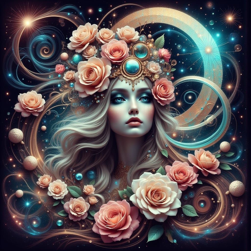 Sisters Amidst Celestial Whispers in Art Nouveau