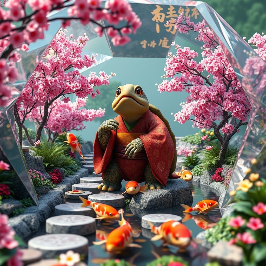 Japanese Turtle Garden in Crystal, CGI Diorama Style